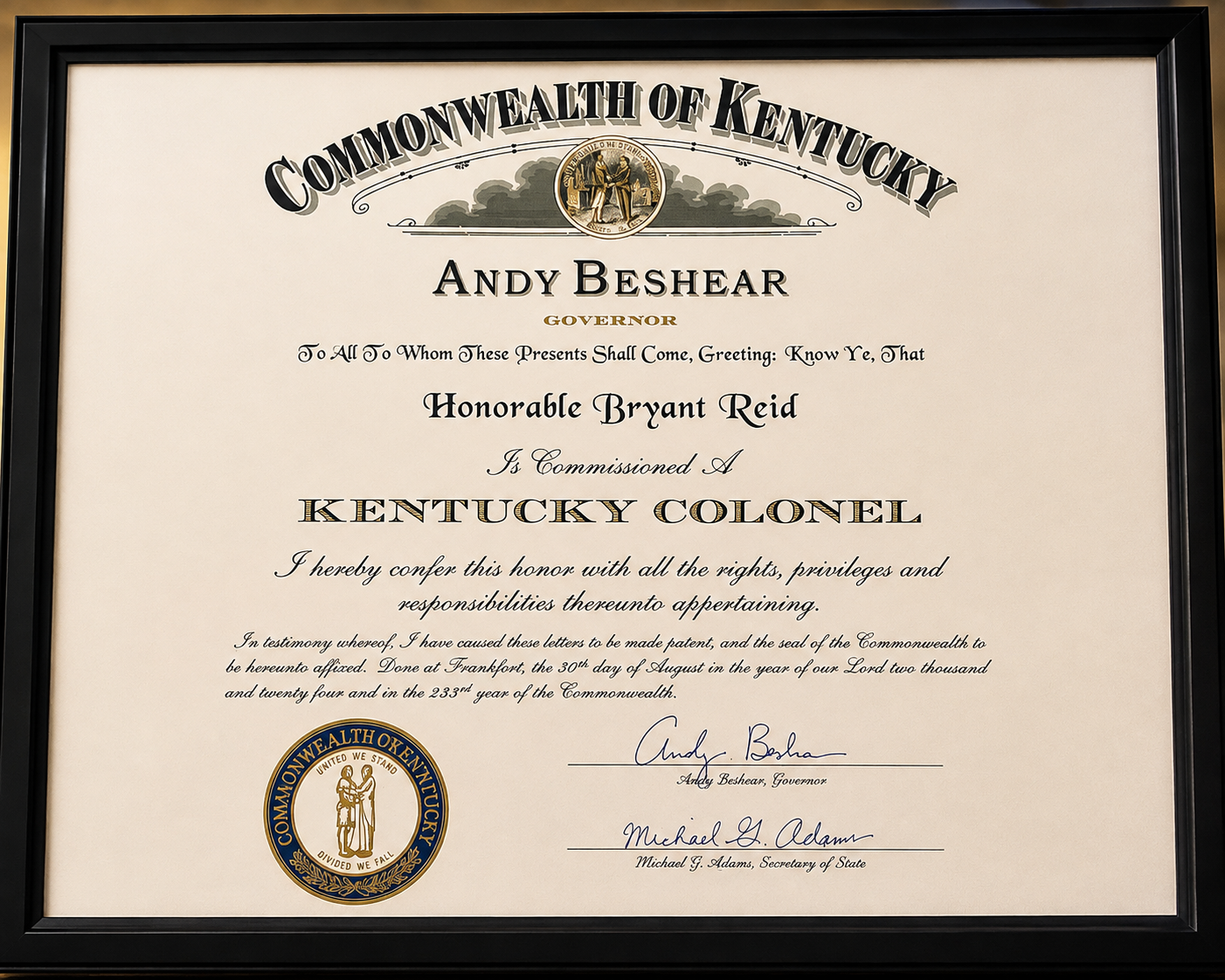 Bryant Reid Kentucky Colonel commission signed by Governor Andy Beshear