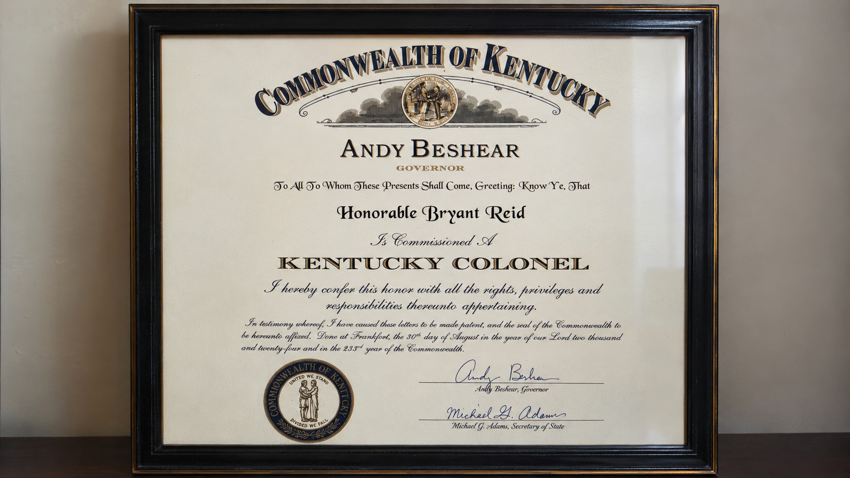 Bryant Reid Commissioned as a Kentucky Colonel signed by Governor Andy Beshear